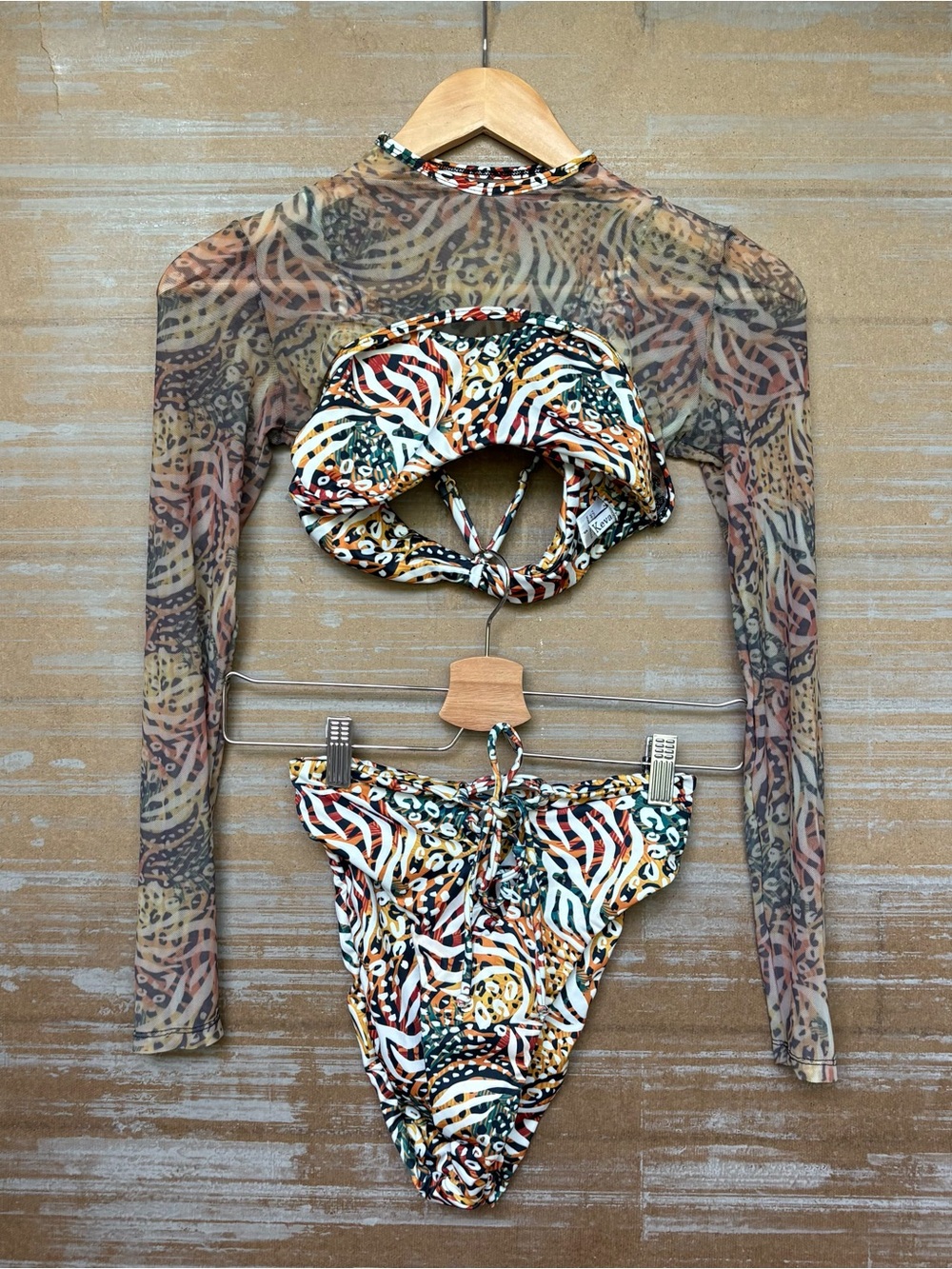 Keva J Animal Print Bikini Mesh Sexy Long Sleeve Pool Boho Beachy Womens M